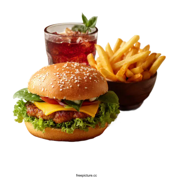 [Transparent Background PNG]Delicious Burger with Fries and Drink