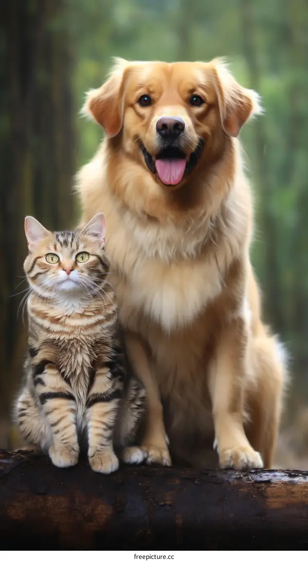 Golden Retriever and a Tabby Cat Sitting on a Log in the Forest