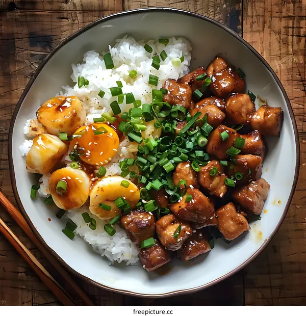 A bowl of rice topped with pork and scallops