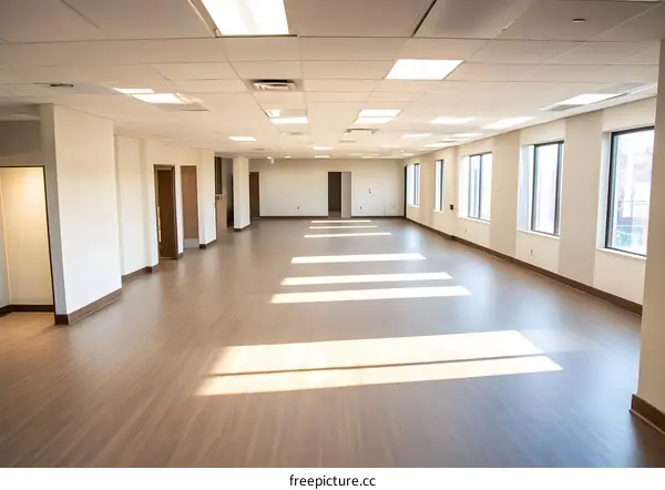 Empty Office Space with Large Windows and Sunlight
