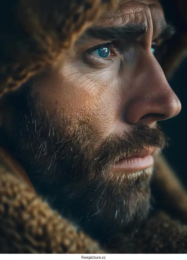 Blue-eyed man with beard wearing fur hat looking sideways