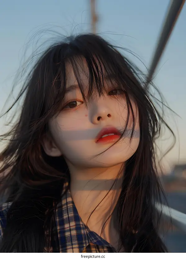 Portrait of Asian Woman with Long Hair and Red Lips