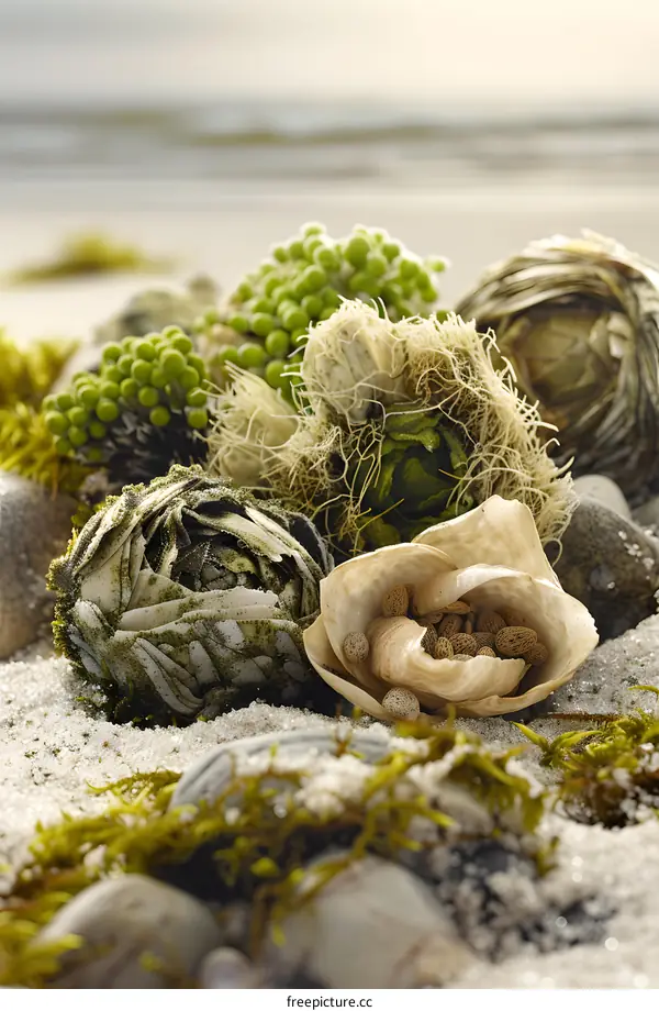 Close Up of Dried Sea Flowers and Pods on the Beach
