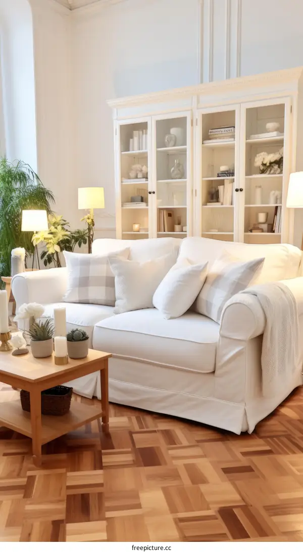 Modern Living Room with White Sofa and Wooden Coffee Table