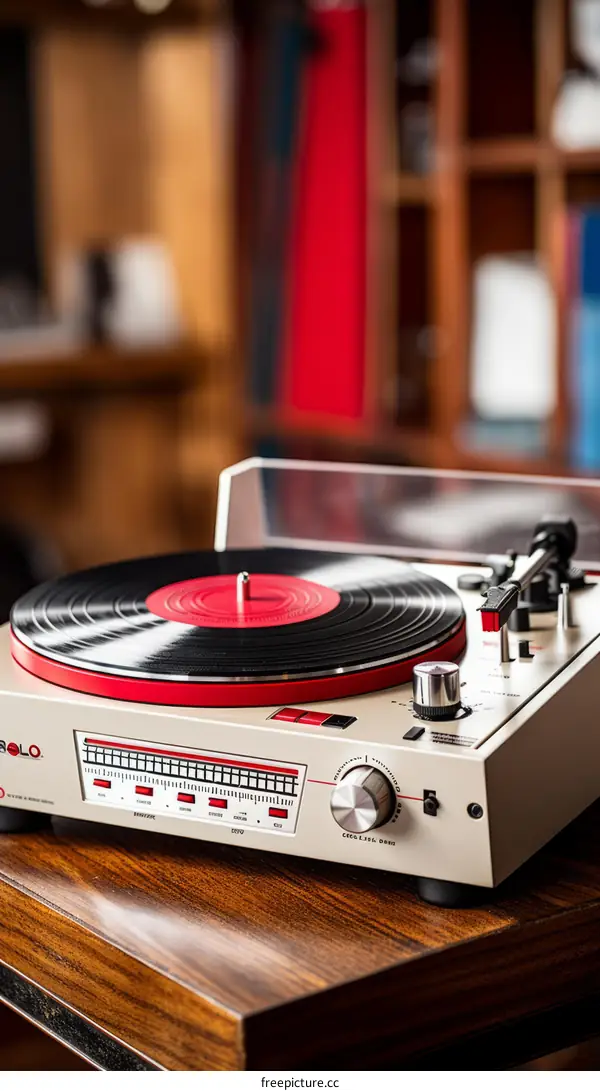 Vintage Turntable Playing Vinyl Record on Wooden Surface with Bookshelf in Background