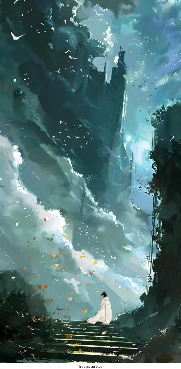 Fantasy Illustration of Man Standing on Stairs With A Building in The Background