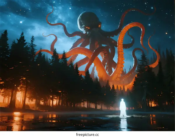 Giant Octopus Monster Standing in Forest Lake Under Night Sky