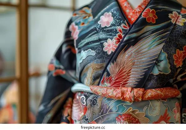 A close-up of a kimono with a phoenix and floral pattern