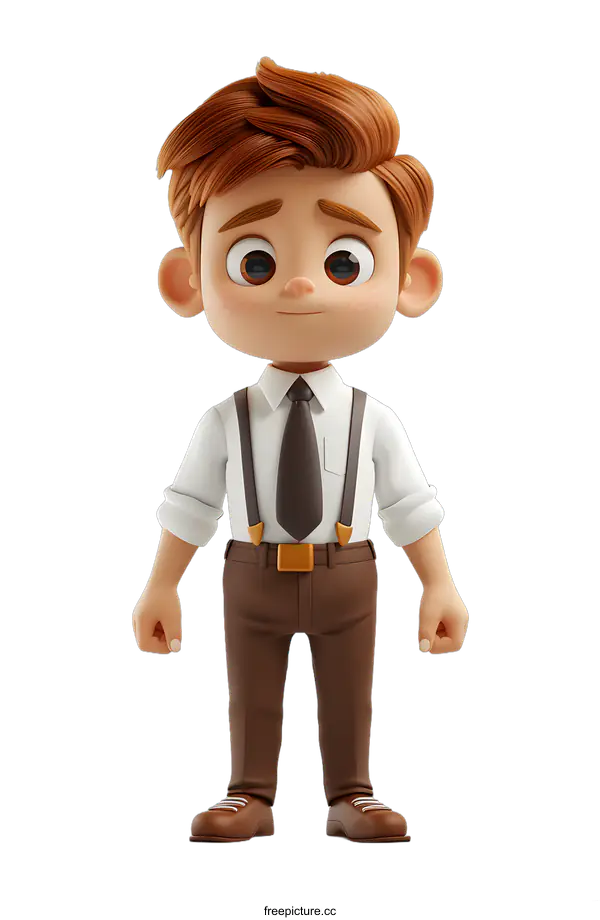 [Transparent Background PNG]Cartoon Character of a Young Boy Wearing a Tie and Suspenders