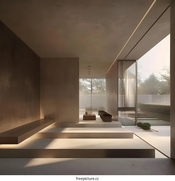 Minimalist Interior Design with Concrete Walls and Wooden Bench