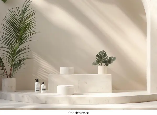 Natural Beauty Products on Marble Pedestal with Plants