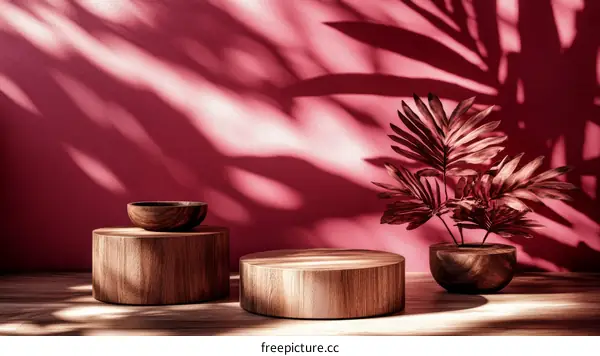 Stylish Wooden Display Podiums with Pink Wall and Tropical Plants
