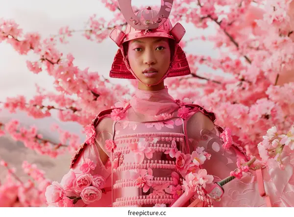 Pink Samurai Warrior Amidst Cherry Blossoms