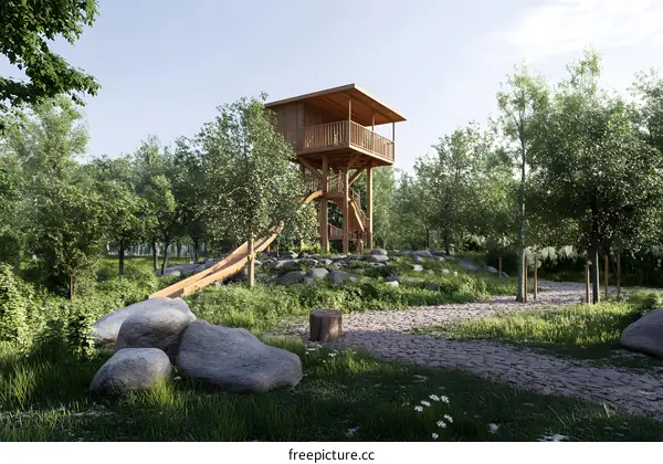 Wooden Treehouse with Slide in Forest