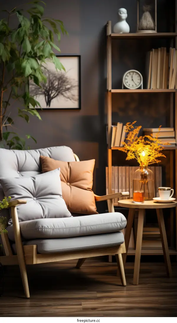 Comfortable living room with armchair, table, flowers, clock, and bookshelf