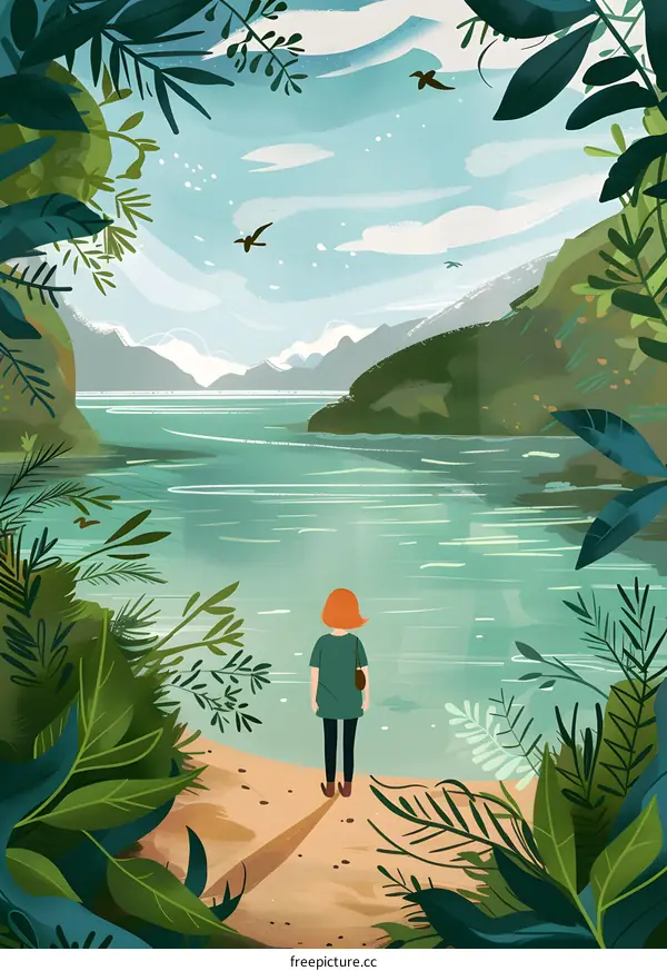 Woman Standing by the Lake and Looking at the Mountains