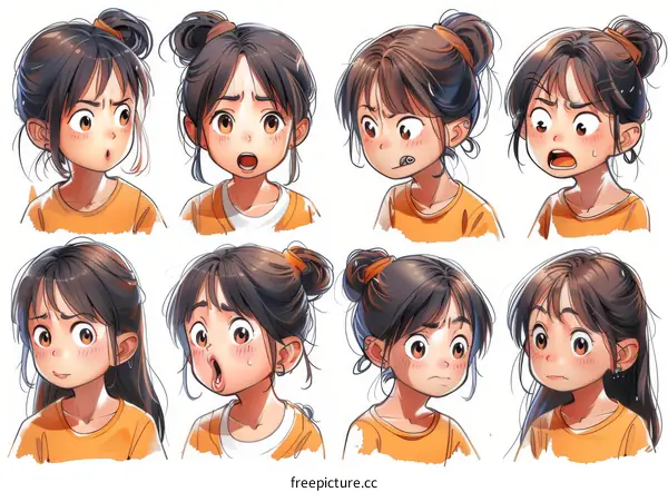 A collection of cute cartoon girl facial expressions