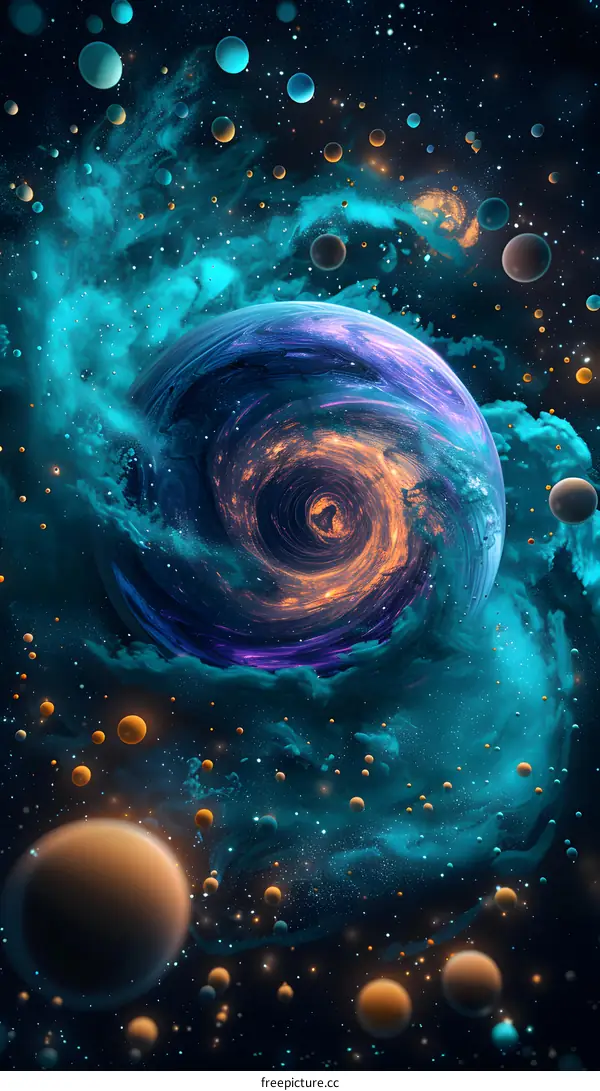 Blue and orange planet in the middle of a colorful nebula