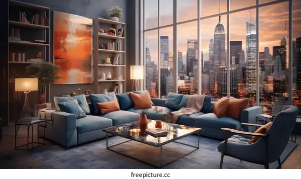 A modern living room with a large window looking out over a city skyline
