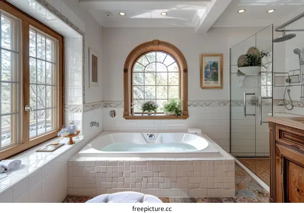 Elegant Bathroom with Jacuzzi Tub and Large Window