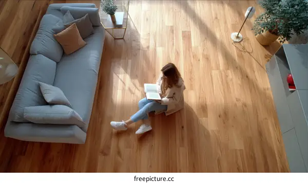 Woman Reading Book on Wooden Floor Interior Scene