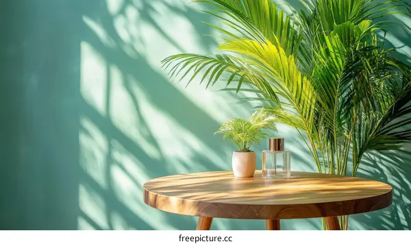 Green Plants on Wooden Table in a Mint Green Room