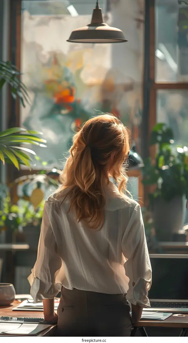 Woman in White Shirt Standing at Desk Looking Out Window