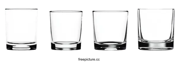 [Transparent Background PNG]Four Empty Square Glass Tumblers on White Background