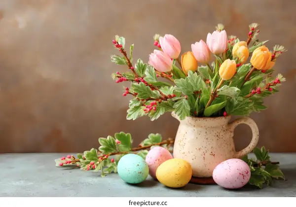 Colorful Easter Floral Arrangement with Painted Eggs