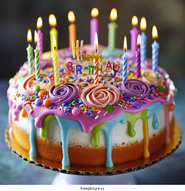 Birthday cake with colorful frosting and candles