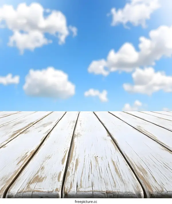 White Wooden Planks With Cloudy Sky Background