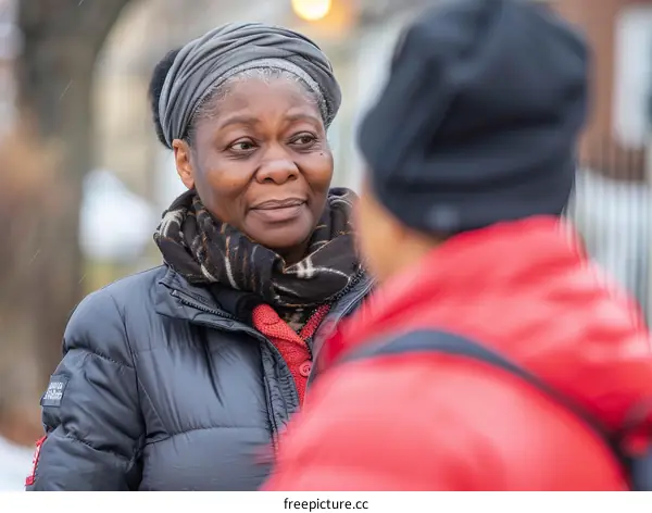 A woman wearing a black jacket and a gray scarf is talking to another person
