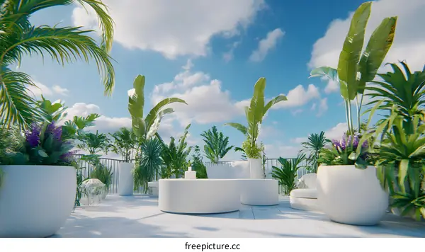 Tropical Garden Terrace with White Potted Plants