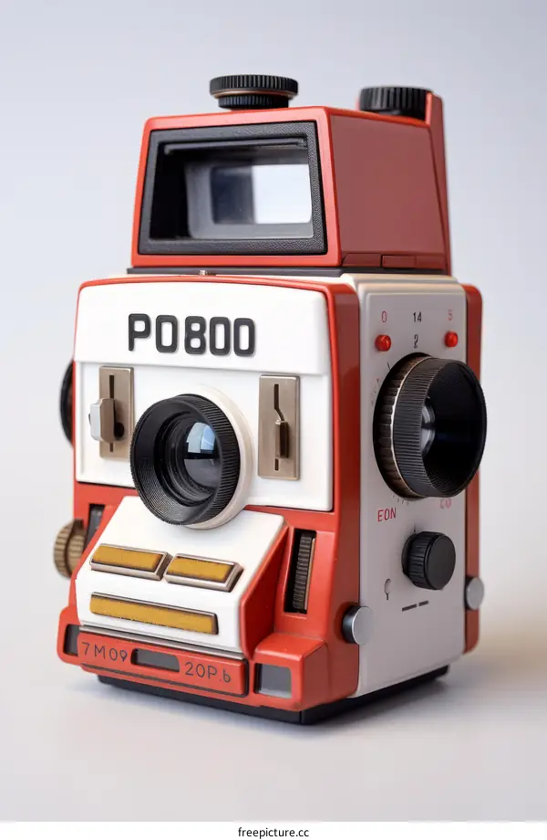 A vintage red and white plastic camera