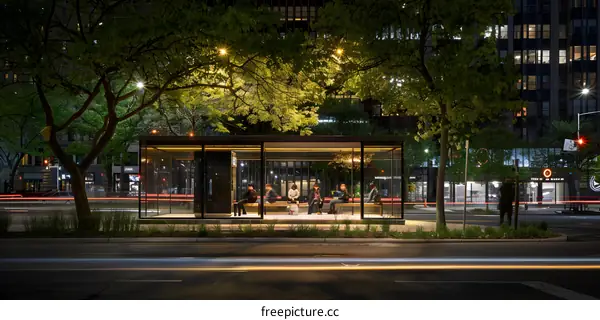 Modern Glass Bus Shelter in City at Night