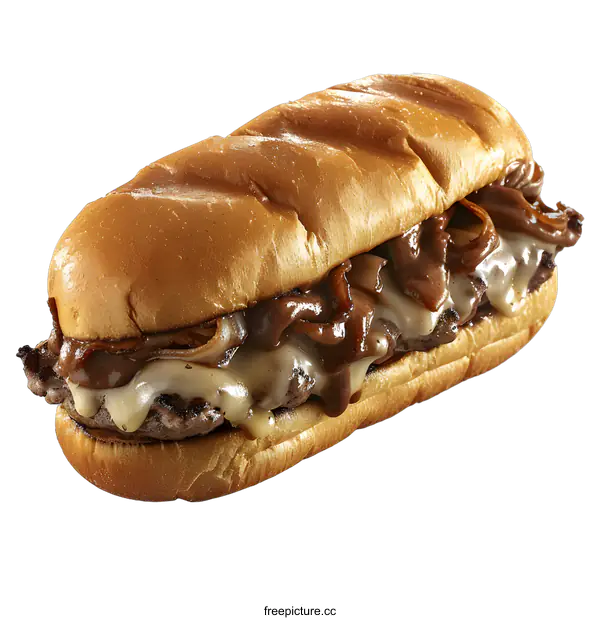 [Transparent Background PNG]A cheesesteak sandwich with grilled onions and melted cheese on a toasted hoagie roll