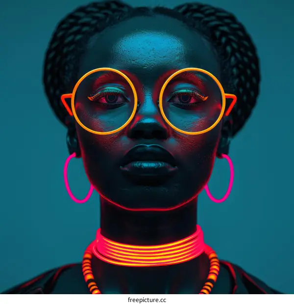 Portrait of a Black Woman with Glowing Neon Accessories