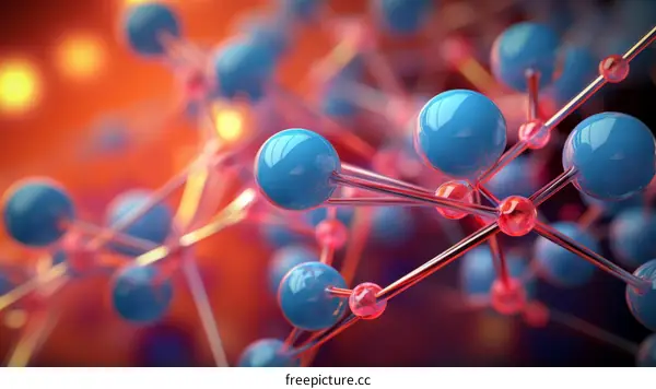 Abstract Blue and Red Molecular Structure Glowing Orange