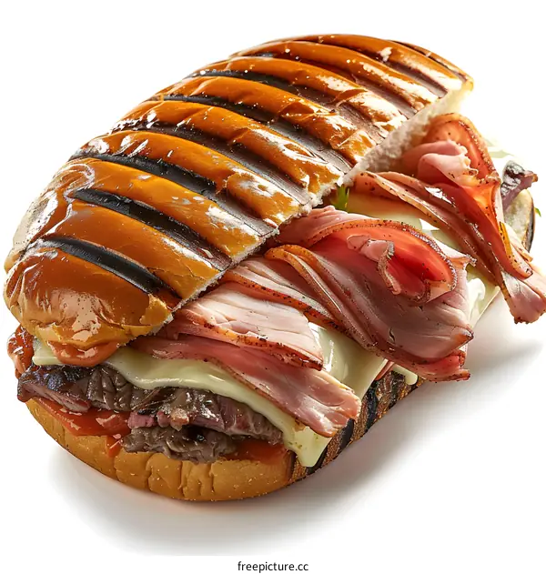 Delicious Grilled Sandwich with Ham and Steak