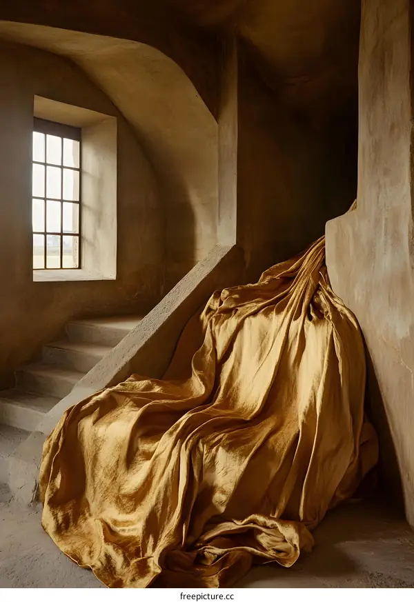 Gold Fabric Draped Over Stone Steps In A Medieval Building