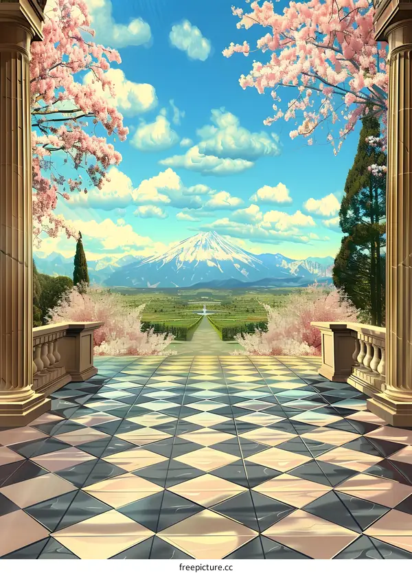 Cherry Blossoms and Mountain View from a Balcony