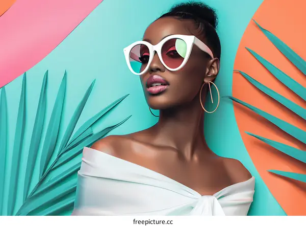 Woman Wearing Sunglasses Posing With Tropical Leaves Against Colorful Background
