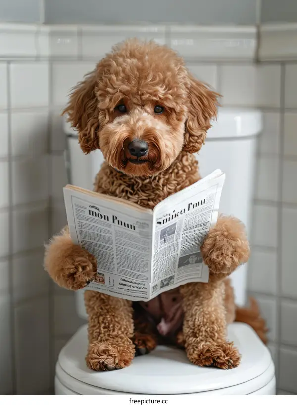 A brown poodle is sitting on a toilet, reading a newspaper