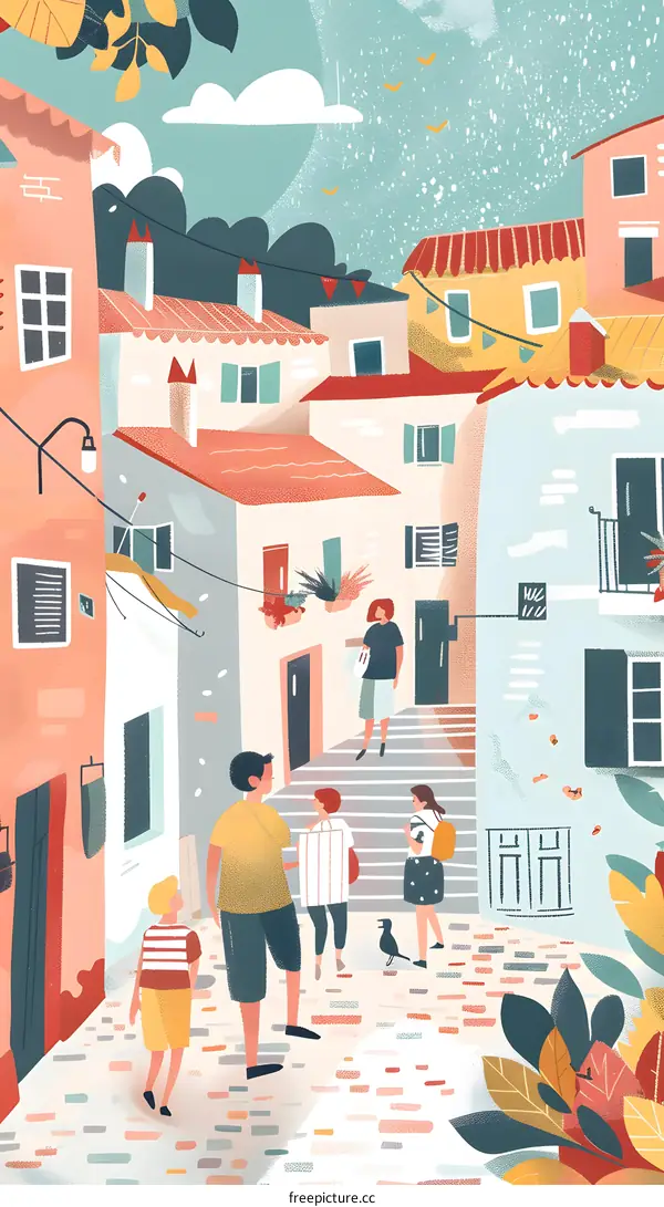 Colorful Illustration of People Walking on a Cobblestone Street in a European Village