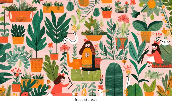 Three girls playing in a garden full of flowers and plants