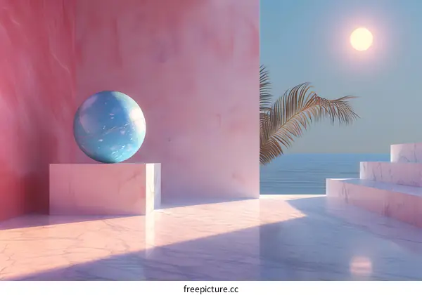 3D rendering of a blue sphere on a pink podium in a pink and blue room with a palm tree and ocean view