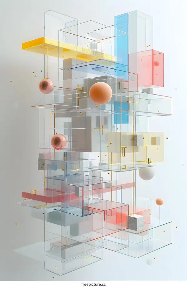 Abstract 3D geometric shapes composition with floating spheres