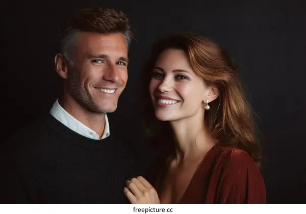 Happy couple standing together against dark background