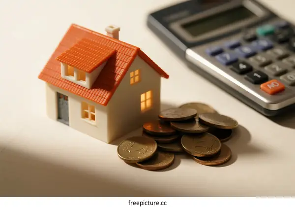Small Model House with Coins and Calculator for Finance