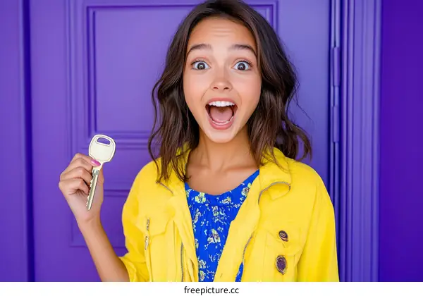 Excited Young Girl Holding Key in Front of Purple Door